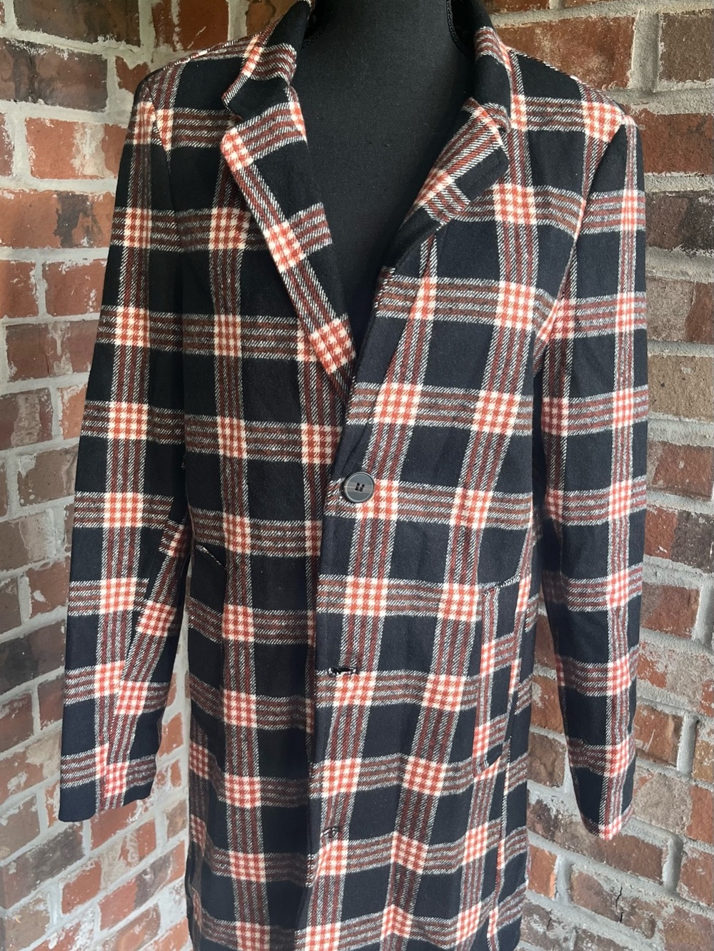Men's Slim Fit Black and Rust Plaid Single-Breasted Pea Coat